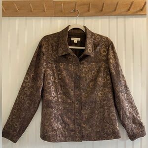 Coldwater Creek Herringbone Brown Metallic Gold Jacket Long Sleeve Lined Snap 14